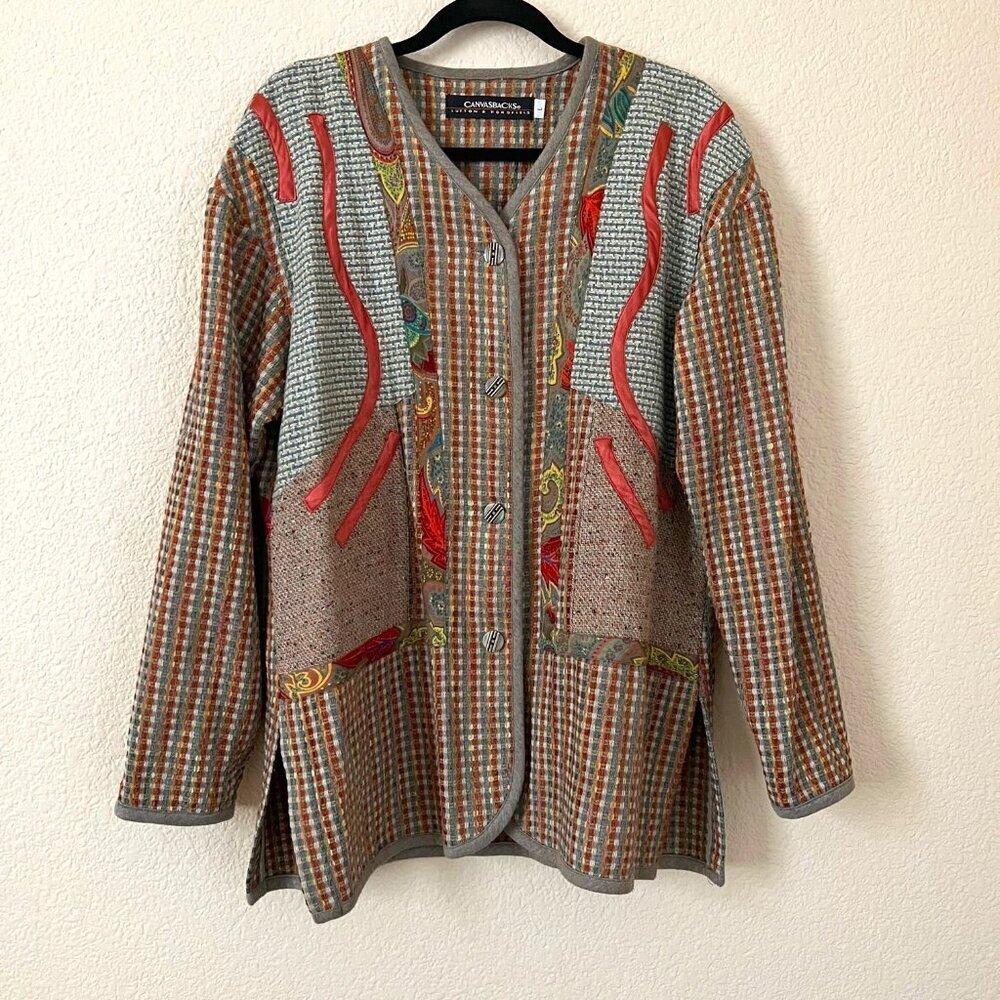 Vintage Y2K 90s Red Patchwork Wool Blend Longline Knit Cardigan Jacket Women L